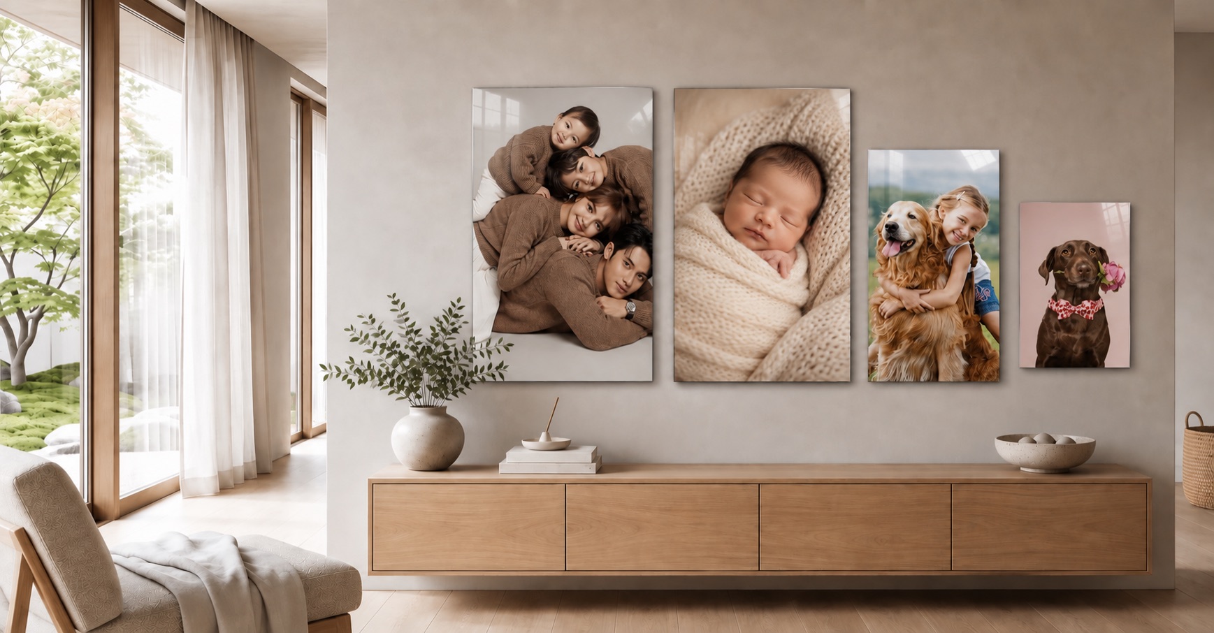 Four thin glossy Metalix prints showing family, newborn, and pet memories in a bright living room