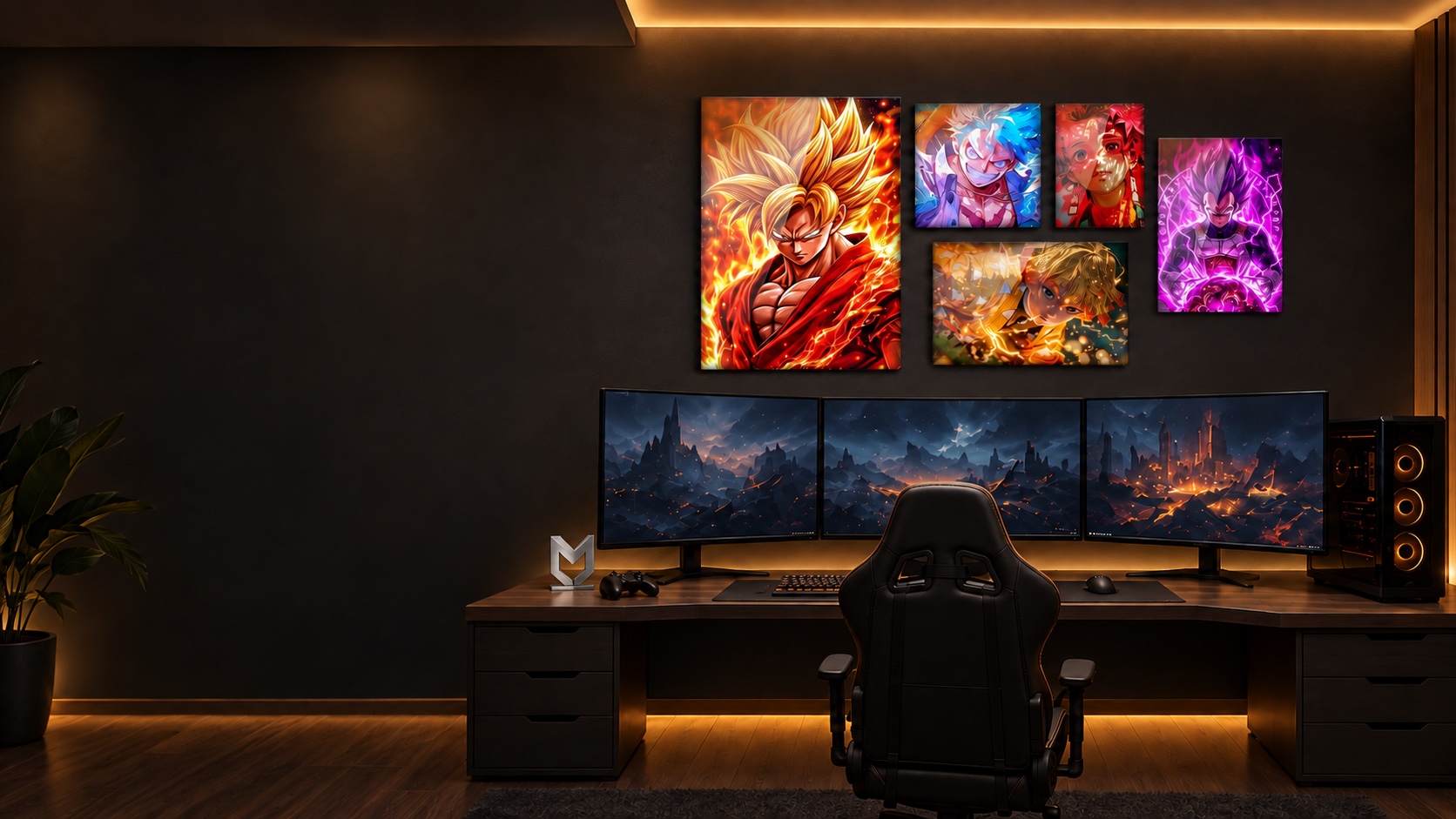 Five glossy anime Metalix prints above a premium gaming desk with a Metalix M display